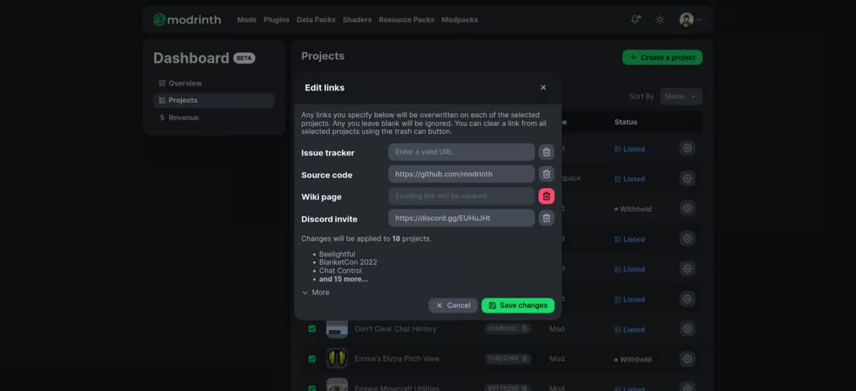 A modal with several input fields for external resource links, listing multiple projects the input changes will be applied to.